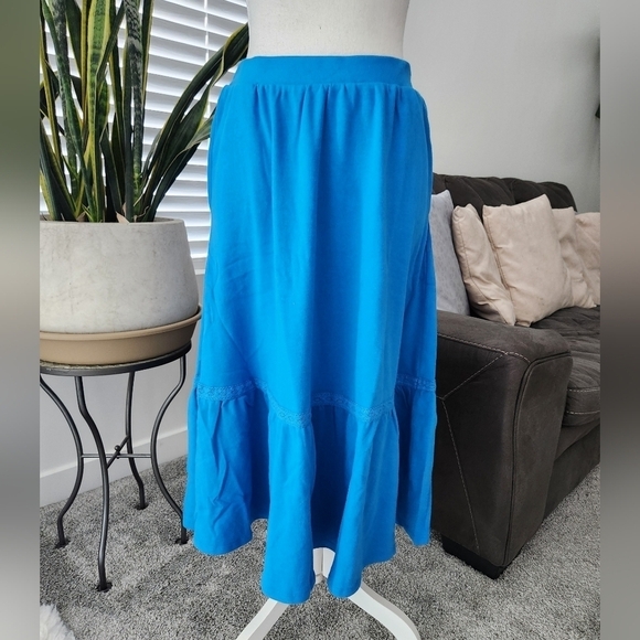 Appleseed's Boardwalk Knit Flounced Midi Skirt. Color: Seaport Blue. Size Petite - Picture 2 of 8